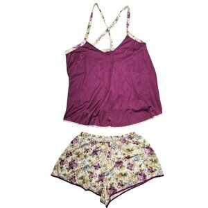 Vintage Petra Fashions Satin Cami Short Set Medium Purple 80s Festival Floral 90